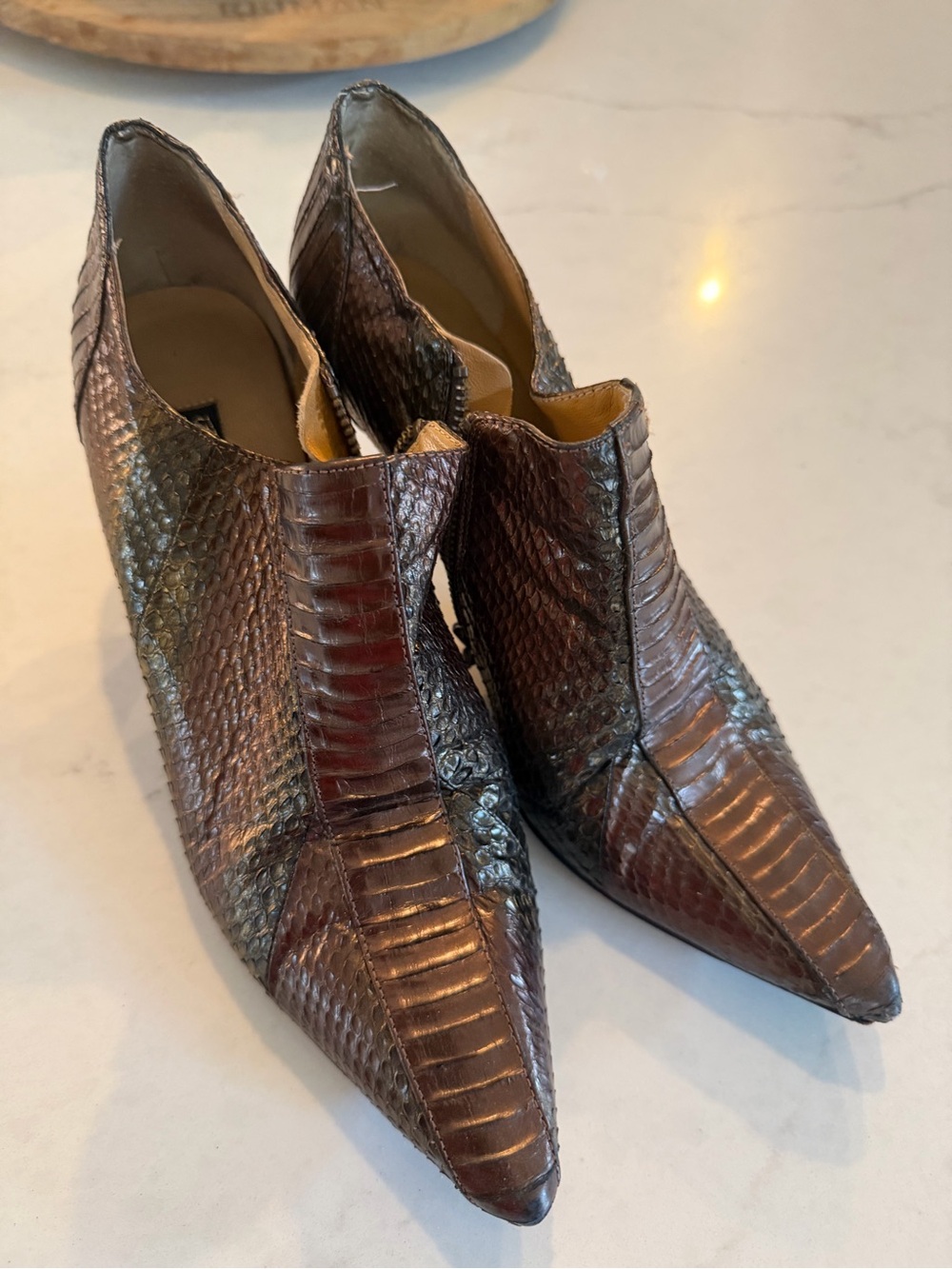 Beverly Feldman Brown Pointed Toe Embossed Ankle Booties